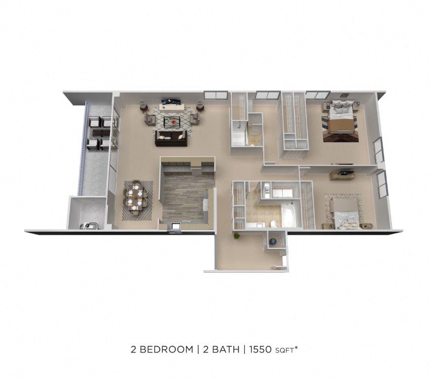 Floor plan for 2 beds, 2 baths, 1550 sqft